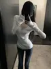 Top canelado com decote em V estilo garota ousada para mulheres, adequado para primavera e outono, com corte justo e design elástico, perfeito como peça básica ou top canelado casual