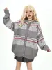 Casaco Suéter Feminino Estilo Fair Isle Retrô Americano, Novo para Primavera 2026, Tricô Solto Oversized Tendência