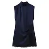 Ropa de Mujer Transfronteriza 2026 Moda Europea y Americana Encaje Empalmado Textura de Satén de Seda Vestido Midi de Cuello Alto para Mujer