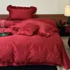 Set Romántico de Encaje Rojo Bordado con Rosas de Algodón de Fibra Larga Satín Sedoso Puro Algodón Juego de Cama