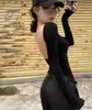 Top de manga larga con cuello en U grande para mujer, estilo Pura Pasión, espalda abierta sexy, adelgazante, entallado a la cintura, cuello redondo, top interior para chica hot