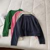 Suéter corto de diseño abierto para mujer, jersey de otoño holgado de color sólido con cuello redondo, manga larga apilada, top corto casual