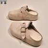 Em estoque~Sapatos Birkenstock de couro genuíno com sola grossa, sapatos femininos com forro de pelúcia, sapatos quentes de algodão, mules sem cadarço, sapatilhas fechadas