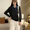 Suéter Tricô Patchwork Manga Jeans Gola Polo Solta Falso Duas Peças para Mulheres, Outono/Inverno 2025 Nova Moda Tendência
