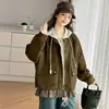 Casaco de Lã Mongol para Meninas Outono 2026 Novo Patchwork Xadrez Jaqueta com Capuz Canelada Estilo Coreano Camada Superior
