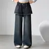 Calça Casual de Outono para Meninas 2026 Novo Estilo Coreano Moda Infantil Calça Jeans de Primavera/Outono Falsa Duas Peças Wide Leg Tendência