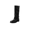 Fivela de cinto de estilo britânico para comércio exterior, botas de cavaleiro para mulheres, couro genuíno, salto grosso, bico redondo, emagrecedora, versátil, salto médio, estilo cano alto
