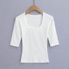 Camiseta de Manga Media Ajustada Sexy Estilo Simple para Mujer Cuello en U Clavícula Elástica Ajustada Color Sólido Base Top Pequeño