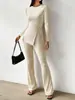 8211 Moda Femenina Elegante para el Trabajo Elegante Camiseta de Manga Larga con Cuello Redondo para Mujer Dobladillo Ventilado y Manga de Trompeta Micro