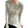 Camiseta blanca de cuello redondo y manga larga irregular estilo francés para mujer, diseño de otoño, corte ajustado, top base que ciñe la cintura