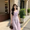 Vestido Roxo Doce de Alcinha Estilo Francês para Mulheres, Longo de Verão Slimming de Cintura Alta para Férias na Praia com Barra Larga para Encontros