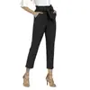 Decoración de Cinturón Transfronteriza al por Mayor Pantalones Cropped Casuales para Mujer Cintura Elástica Diseño de Bolsillos Pantalones Cropped Adelgazantes