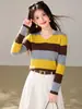 Tiro RealHas2026 Estilo Perezoso Simple Rayas Bloque de Color Manga Larga Cuello en V Suéter Top de Otoño para Mujer