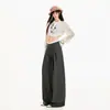 Pantalones casuales de traje transfronterizos 2026 para mujer, pierna recta holgada estilo americano, con caída y plisados, pantalones largos grises, longitud extendida gris