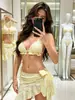 Nuevo Bikini Sexy de Encaje de Color Sólido para Mujer, Tira Delgada, Pierna Dividida, Malla, Tres Piezas, Bikini Puro Deseo