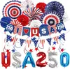 Conjunto de Leques de Papel para Festa do Dia da Independência Americana Transfronteiriça Banner dos EUA Bola de Flores Vermelha Azul Branca Corda de Papel Decoração de Feriado