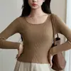 Camiseta interior de punto acanalado de alta elasticidad engrosada QC para mujer, suéter interior cálido con forro polar para otoño e invierno, manga larga, corte ajustado