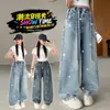 Pantalones para Niña 2026 Primavera y Otoño Estilo Nuevo Jeans Rectos con Pedrería para Niños Mayores, Pantalones de Pierna Ancha a la Moda para Primavera