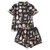 Fabricante de Conjunto de Pijama Cardigan Preto de Seda Leite Transfronteiriço Europeu e Americano para Mulheres, Shorts de Manga Curta, Roupa de Casa Casual Respirável