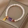 Pulsera de Perlas Naturales Estilo Chino Nuevo Colgante de Calabaza Pulsera para Mujer de Gama Alta Pulsera de Perlas de Amatista Pixiu