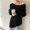 Suéter de Punto de Manga Larga con Hombros Descubiertos de Estilo Coreano Dongdaemun Suave para Mujer, Jersey Holgado de Diseño Nicho, Camisa Protectora Solar