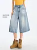Jeans cortos vintage azules para mujer, estilo fino de verano, nuevo diseño americano, pantalones de pierna ancha de largo 7/8