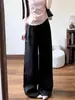 Calça Larga de Linho Preta Estilo Coreano para Mulheres, Nova Coleção Primavera 2026 Cintura Alta Solta Confortável com Caimento Simples Casual