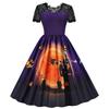 Ropa de Mujer para HalloweenNuevo Suministro Transfronterizo Encaje Manga Corta Retro Estampado de Fantasma Vestido Acampanado