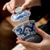 Tazón de Cerámica Estilo Antiguo con Tapa para Uso Doméstico, Juego de Té Kung Fu Individual, Juego de Té Azul y Blanco