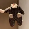 Mono de invierno de terciopelo de cordero con estampado de leopardo, reversible y forrado de forro polar para bebés y niños pequeños, mono grueso de estilo coreano para niños