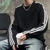 Moletom Crew Neck com Três Listras Estilo Americano para Homens, Camisa Base Tendência Outono com Blocos de Cor de Manga Longa, Top Casual Cool High Street