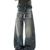 Jeans de outono na moda estilo americano com estampa de bambu, lavados e com efeito desgastado, para homens e mulheres, calças versáteis de cintura alta de corte solto e perna larga vintage