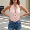 Camiseta sin mangas de verano Amazon transfronteriza europea y americana para mujer, cuello en V abotonada, top sin mangas con volantes, cuello halter, casual y a la moda
