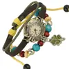 Estilo Dulce y Lindo Pulsera de Cuero con Cuentas de Trébol de Cuatro Hojas Pulsera de Piel de Vaca para Niñas Reloj Joyería para Estudiantes