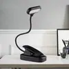 Luminária de mesa portátil com clipe LED para estudantes, ideal para leitura em dormitórios. Funciona com bateria 3A, é compacta, fácil de usar e recarregável via USB.