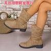 2025 Exportación Transfronteriza Moda Europea y Americana Otoño e Invierno Nuevas Botas de Cuero para Mujer Plisadas Vaqueras Occidentales Punta Redonda Media Pantorrilla Botas para Mujer