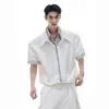 Camisa de Manga Corta Rayada Estilo Americano Falsa de Dos Piezas para Hombre, Diseño de Nicho de Verano, Bloques de Color, Tendencia de Camisa Holgada y Elegante