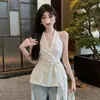 Elegante Camisa Preta Sem Costas com Gola Halter Sem Mangas para Mulheres, Amarração na Cintura para o Verão 2024 Top Chique de Nicho