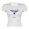 Camiseta Branca Casual Vintage Y2k Exposta no Umbigo Estampada com Taça e Laço Slim Fit Versátil de Manga Curta para Mulheres para o Verão