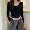 Yoyo recomienda otoño entallado adelgazante color contrastante falso dos piezas manga larga camiseta mujer casual chica popular hombro normal top deportivo_