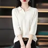 Colección Otoño 2025 Transfronteriza Camisa Base de Punto de Algodón con Cuello Polo y Manga Tres Cuartos para Mujer, Holgada, Adelgazante