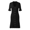 Moda Feminina Transfronteiriça Estilo Francês Elegante Gola Lapela Vestido de Corte A 2026 Verão Novo Vestido de Tricô com Babados de Manga Curta