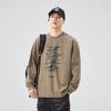 Camiseta Masculina Retrô Americana Gola Redonda Manga Longa Marca de Moda de Rua Masculina Estampada Casual Solta Camisa Básica