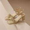 Sandalias de Tacón Medio y Tacón Grueso para Mujer 2024 Verano Nuevo Estilo Elegante Francés Puntera Cuadrada de Cuero Suave Sandalias de Tacón Alto al Mayoreo
