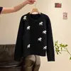 Suéter de punto gris con botones y cuello redondo bordado, diseño estilo coreano para mujer, otoño 2026, suelto, casual, manga larga, cárdigan