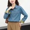 Foto Real de Camisa de Mezclilla Azul por Capas para Mujer, Nuevo Estilo Vintage 2025, Chaqueta Camisa Holgada Casual de Hombro Regular