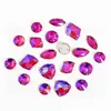 Cristal púrpura-rojo fluorescente con pedrería cosida a mano, piedras biseladas de fondo plano cosidas a mano, accesorios DIY con forma de gota de agua galvanizados para ropa