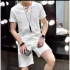 Nuevo Traje de Hombre de Algodón y Lino de Manga Corta Color Sólido Sencillo Traje de Dos Botones Camiseta de Manga Corta Pantalones Cortos Conjunto Casual de Dos Piezas