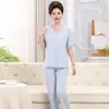 Pijama de verano para mujer de la madre de Yu Zhaolin, manga corta de seda helada, pantalón de siete puntos, fino, sensación fresca, para madres de mediana edad y mayores, cárdigan