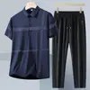 Nueva Camisa Polo de Seda Helada de Verano para Hombre, Manga Corta, Traje Casual para Personas de Mediana Edad y Mayores, Conjunto de Dos Piezas Papá, Juego Completo